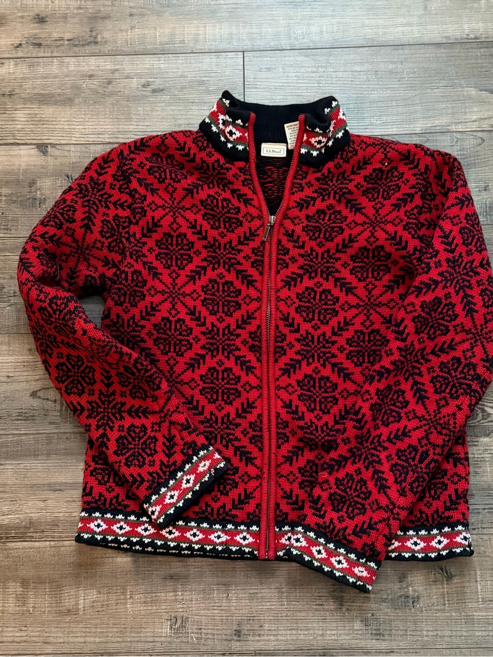 L.L. Bean Red and Black Nordic Zip-Up Sweater